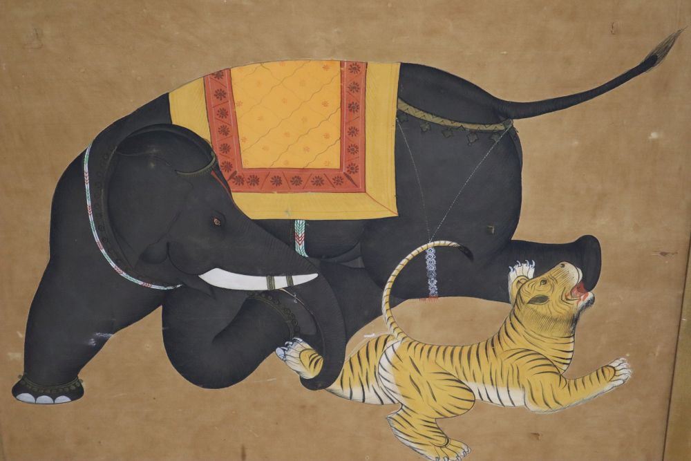 Indian School, oil on silk, Elephant attacking a tiger, 79 x 94cm